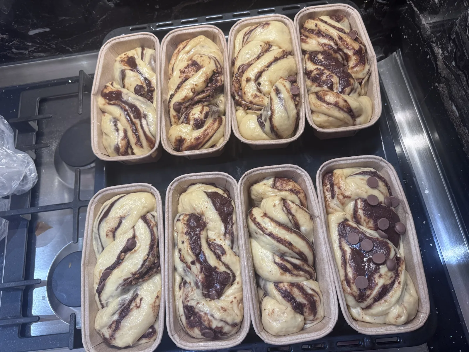 Eight braided babkas with chocolate filling, proofing in paper tins